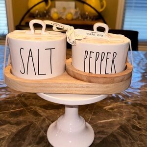 Rae Dunn SALT & PEPPER canisters with decorative wooden base